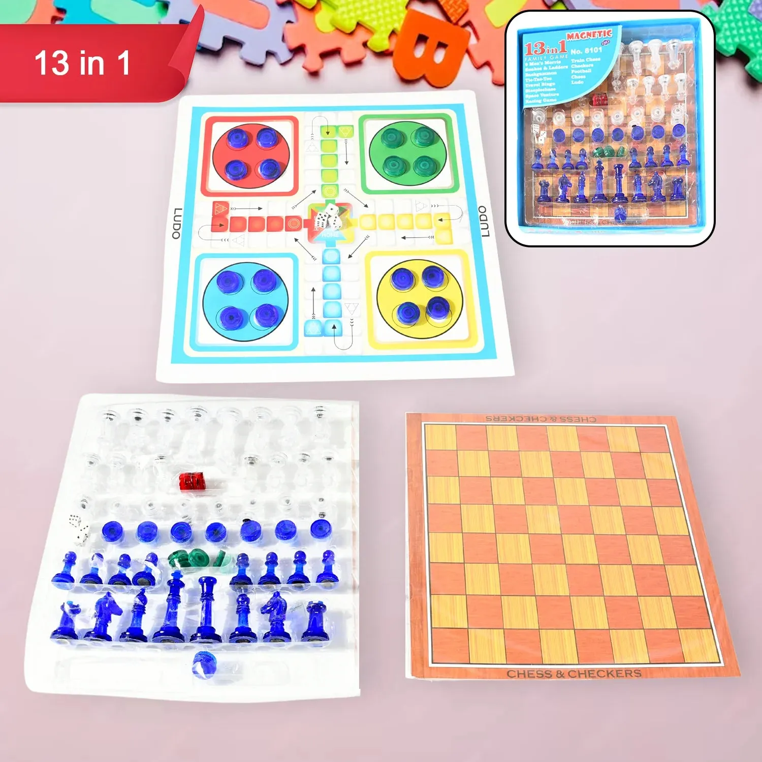 17669 13 In 1 Family Board Game Chess, Snakes & Ladders, Ludo, Tic-Tac-Toe, Checkers, Set For Kids