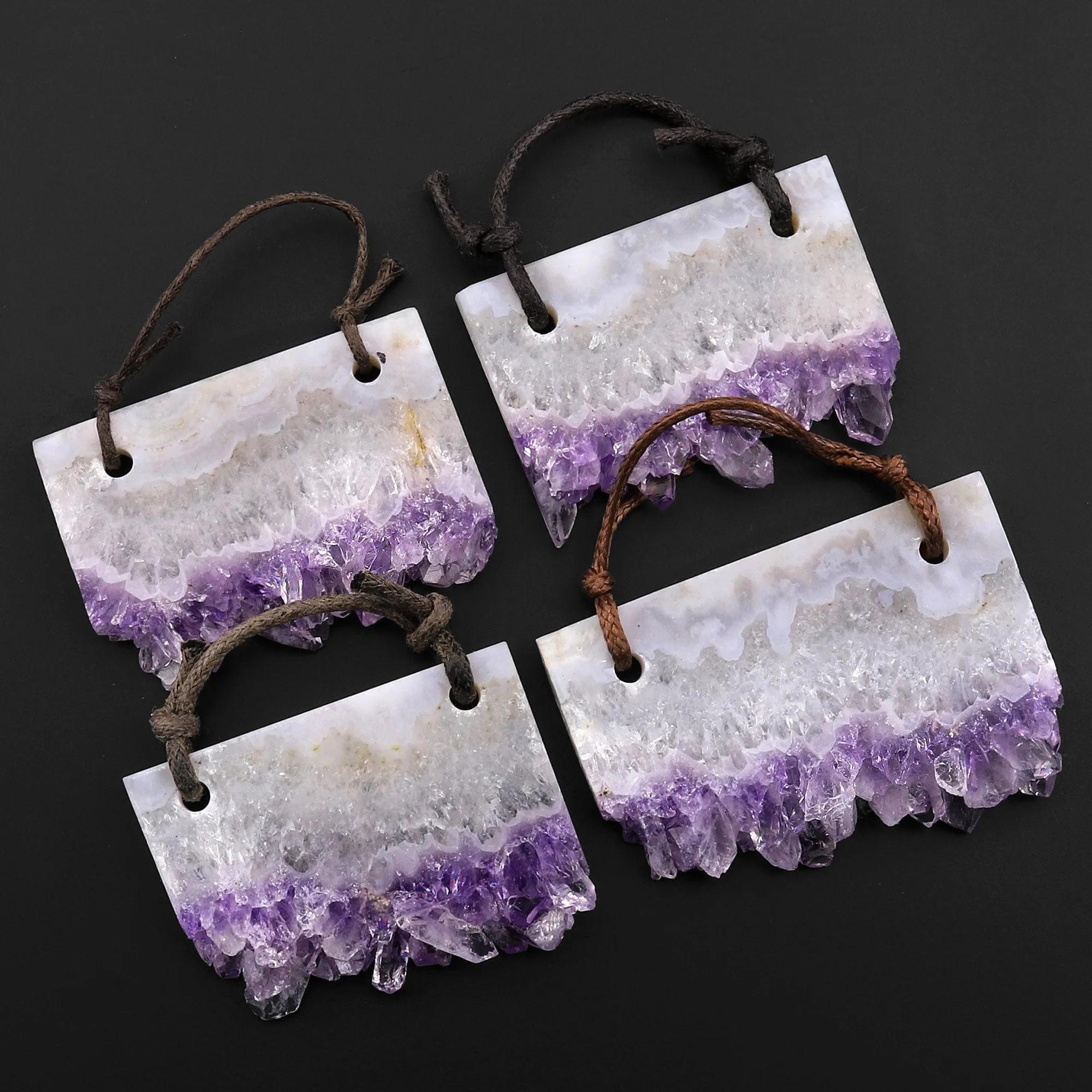 2 Hole Pendant Natural White Snowy Mountain Purple Amethyst Stalactite Rectangle Pendant Flat Slice Freeform Crystal