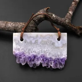 2 Hole Pendant Natural White Snowy Mountain Purple Amethyst Stalactite Rectangle Pendant Flat Slice Freeform Crystal