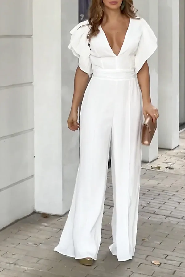 Anita Butterfly Sleeve Deep V Neck Wide Leg Pants Jumpsuit