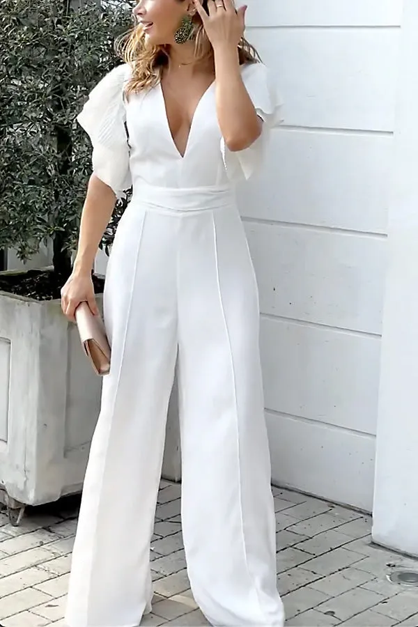 Anita Butterfly Sleeve Deep V Neck Wide Leg Pants Jumpsuit