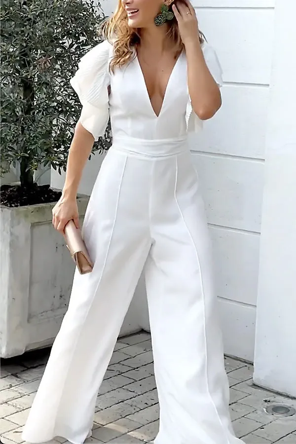 Anita Butterfly Sleeve Deep V Neck Wide Leg Pants Jumpsuit