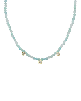 Apatite Gemstone & Three diamonds Necklace - 14K Yellow Gold