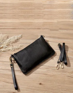 Black Leather Wristlet Wallet Womens Small Minimalist Shoulder Purse Zip Crossbody Purse Slim Shoulder Bag for Women