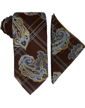 Bruno Conte Geometric Paisley Tie and Handkerchief - Brown