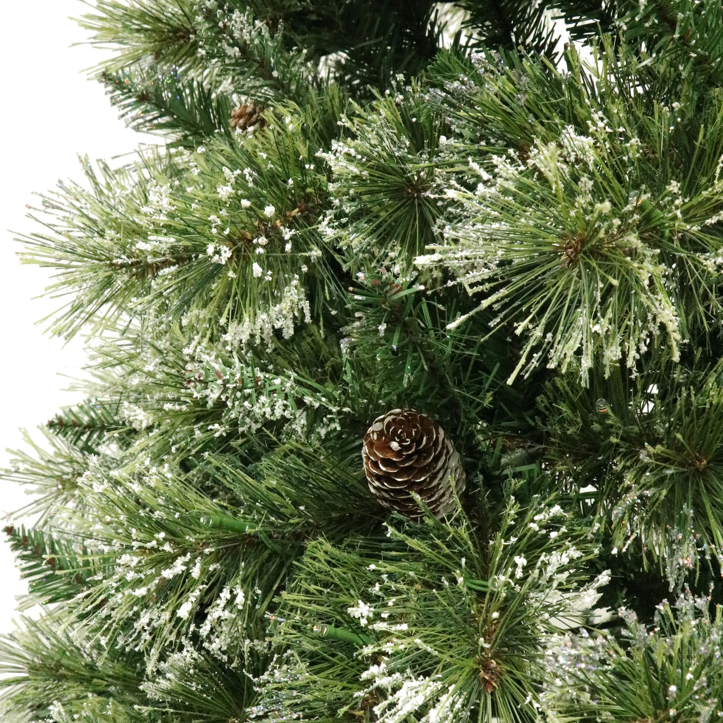 Cashmere Pine and Mixed Needles Pre-Lit Clear LED Hinged Artificial Christmas Tree with Snow and Glitter Branches and Frosted Pinecones - NH022513