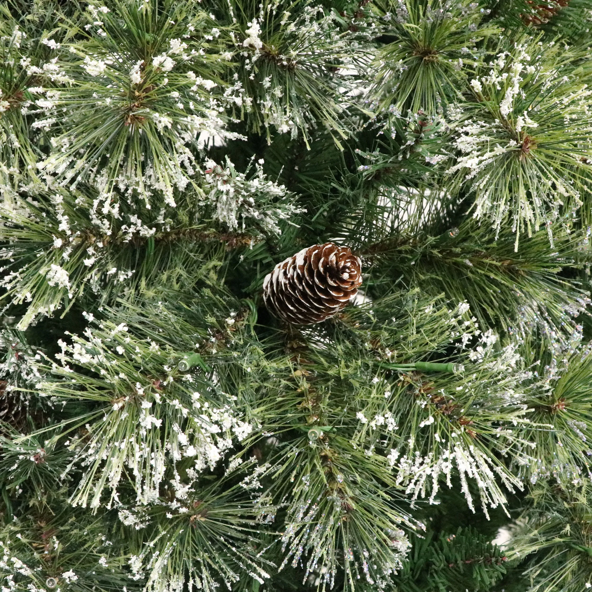 Cashmere Pine and Mixed Needles Pre-Lit Clear LED Hinged Artificial Christmas Tree with Snow and Glitter Branches and Frosted Pinecones - NH022513