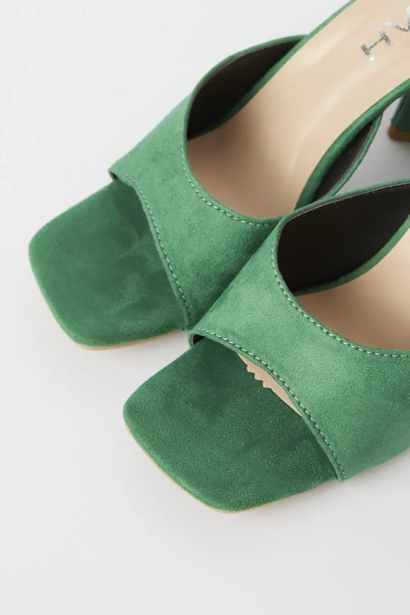 Green Suede Square Toe High Heeled Mule Sandal