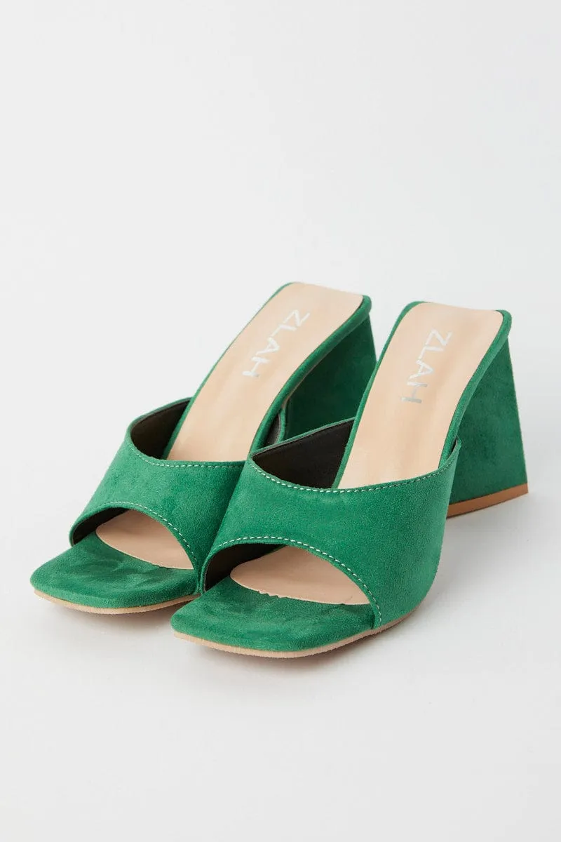 Green Suede Square Toe High Heeled Mule Sandal