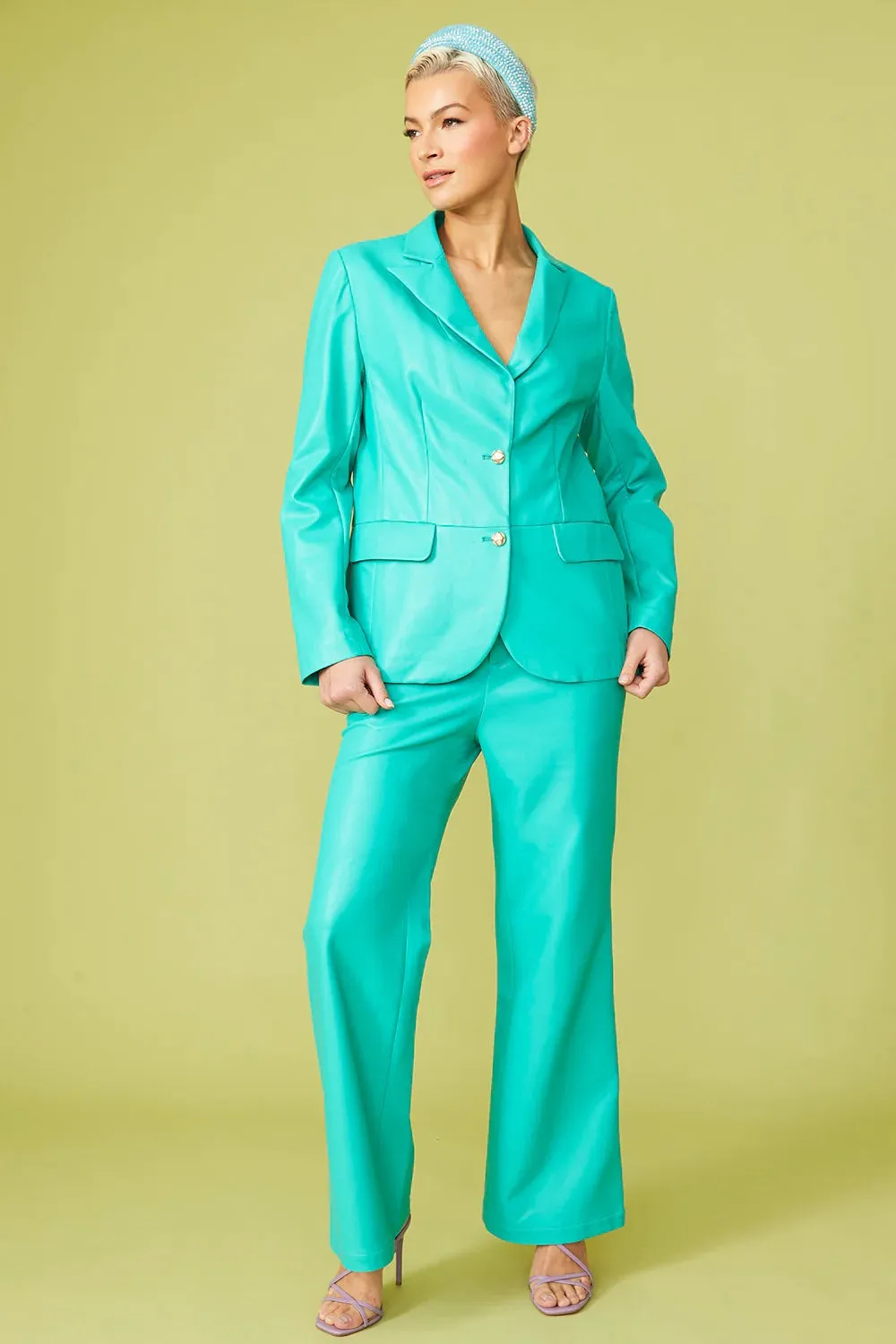 Green Tencel Rayon Blend Leather Blazer