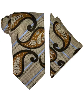 Henri Picard Paisley Tie and Handkerchief - Tan