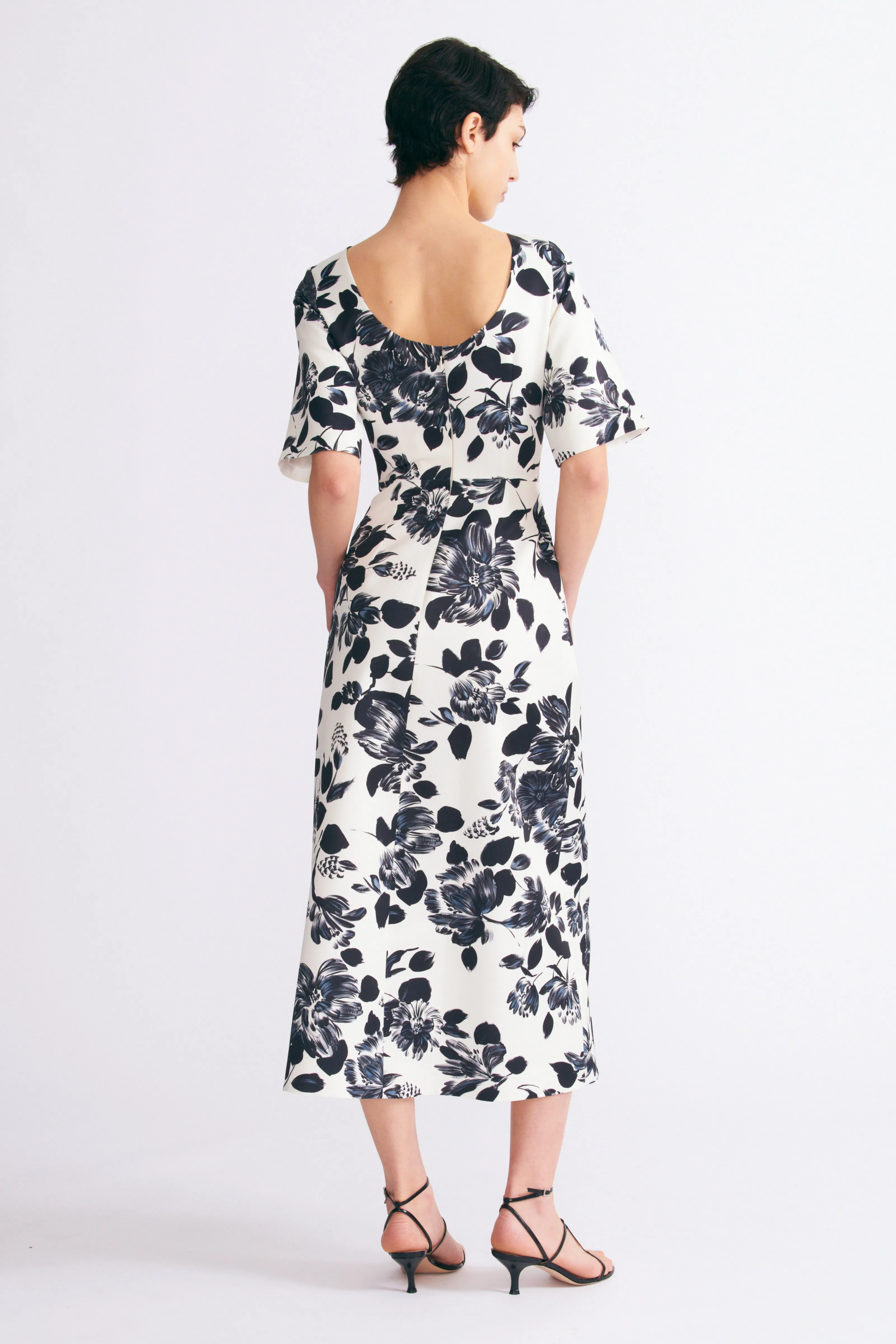 Kora Dress in Black and White Floral Print on Twill