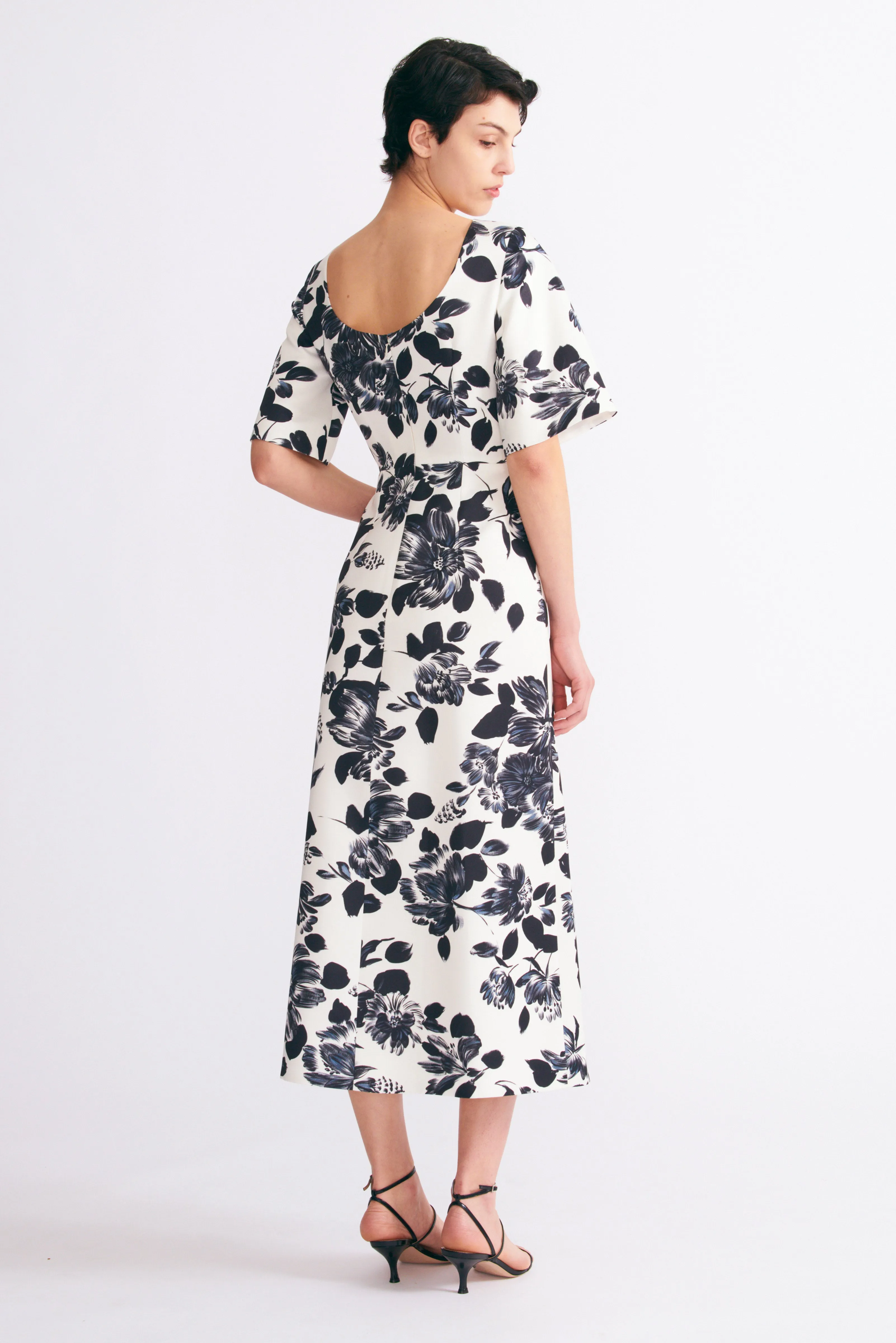 Kora Dress in Black and White Floral Print on Twill