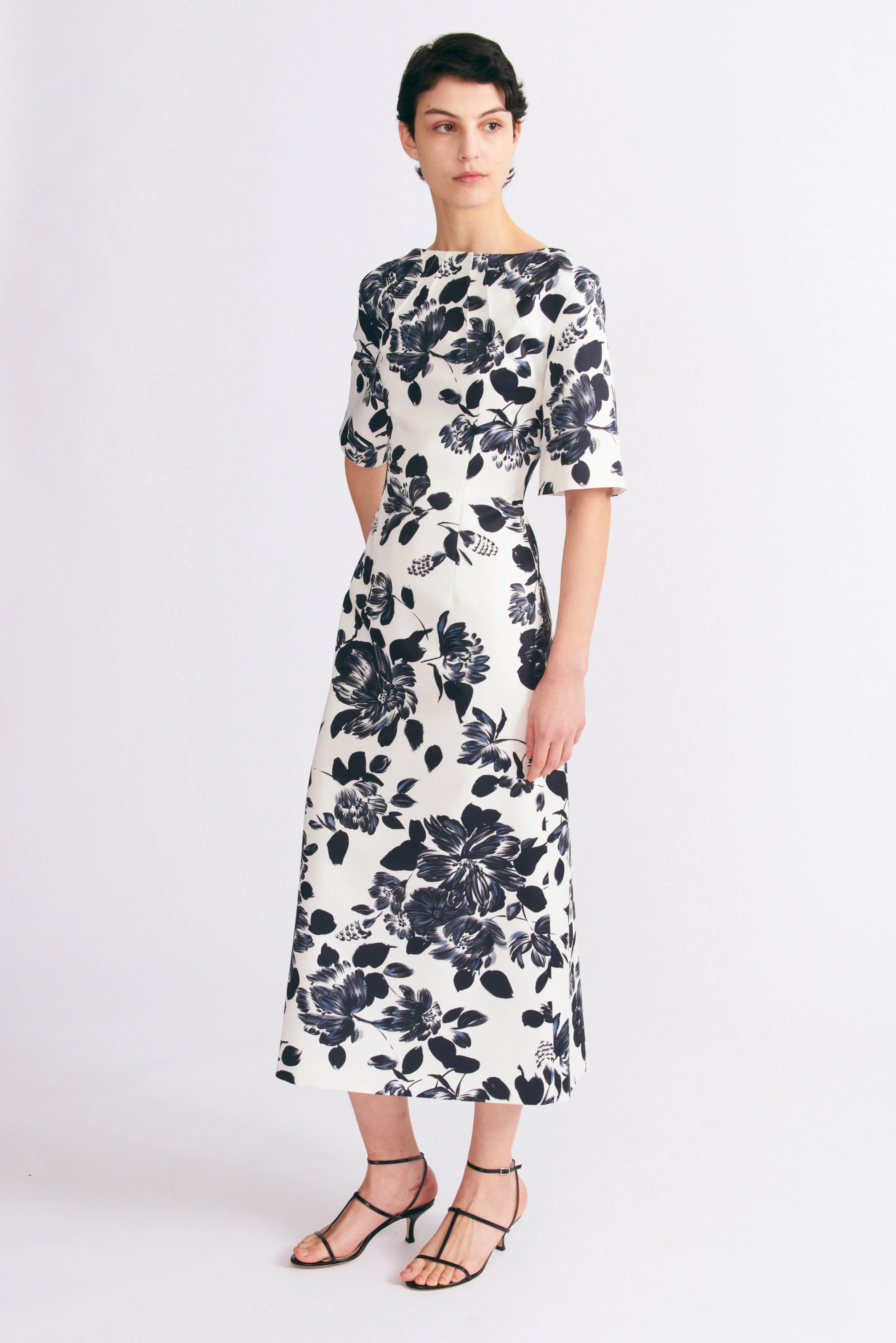 Kora Dress in Black and White Floral Print on Twill