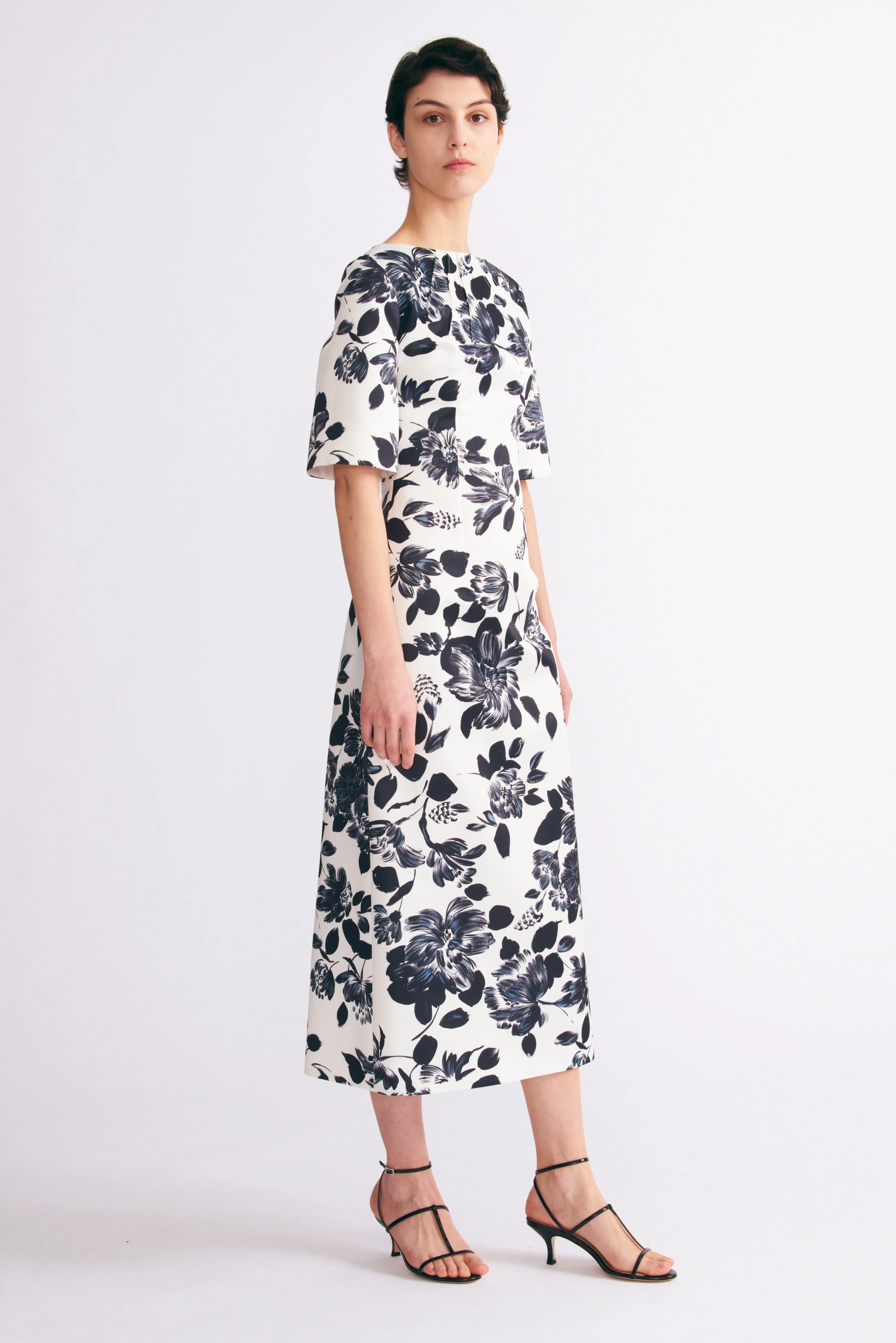 Kora Dress in Black and White Floral Print on Twill