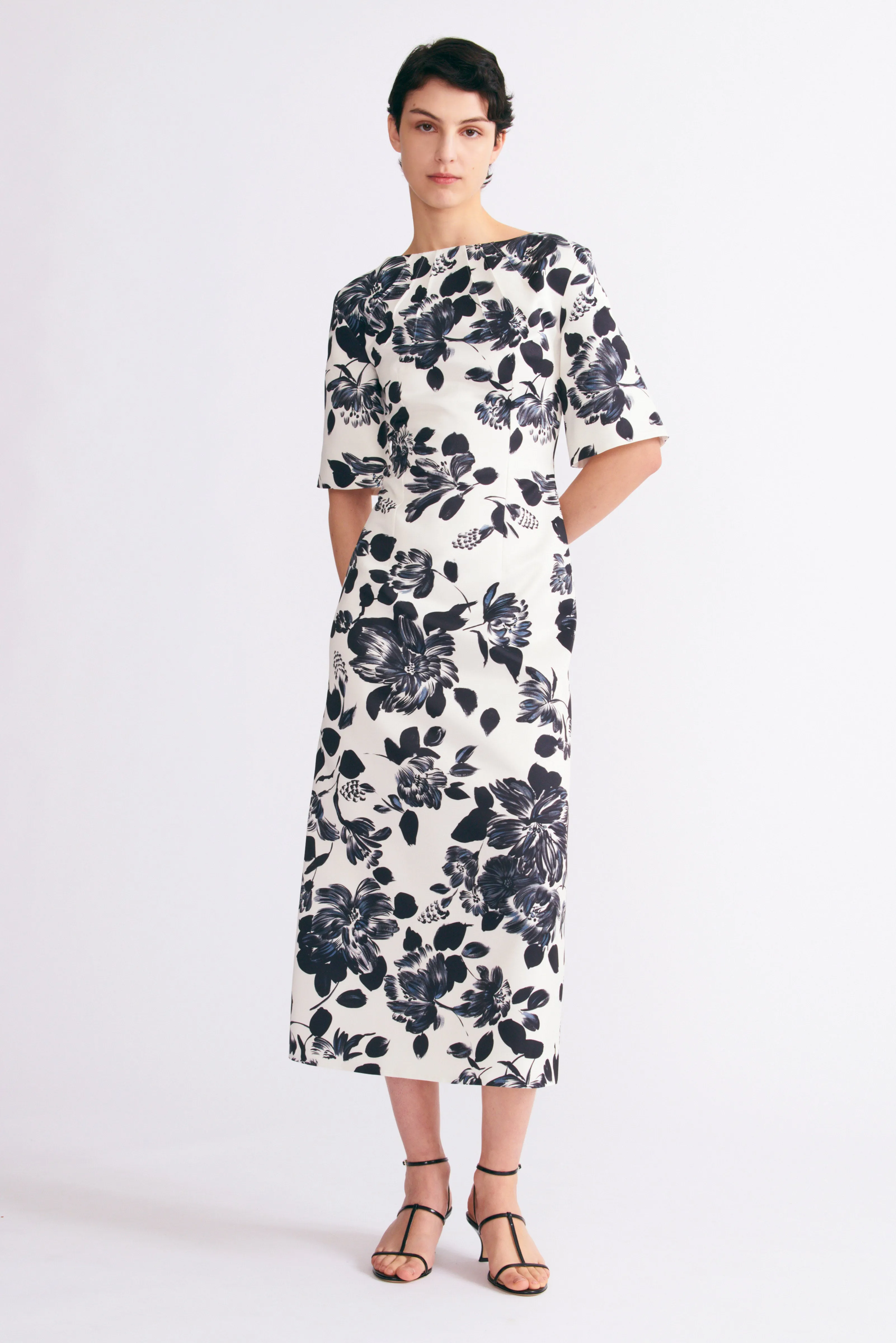 Kora Dress in Black and White Floral Print on Twill