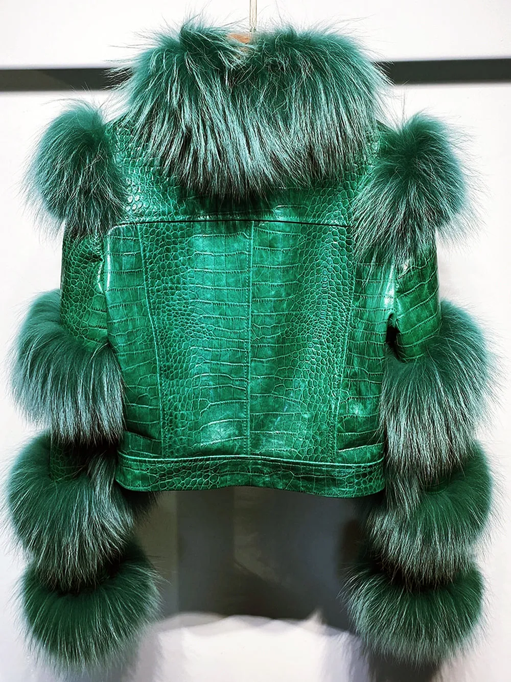 LITALY Fur & Leather Jacket in Dark Green