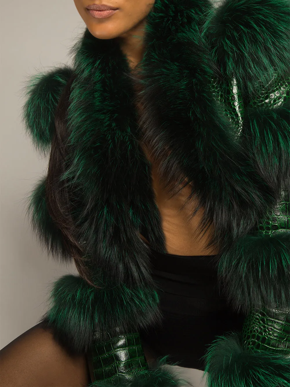 LITALY Fur Trim Leather Jacket in Green