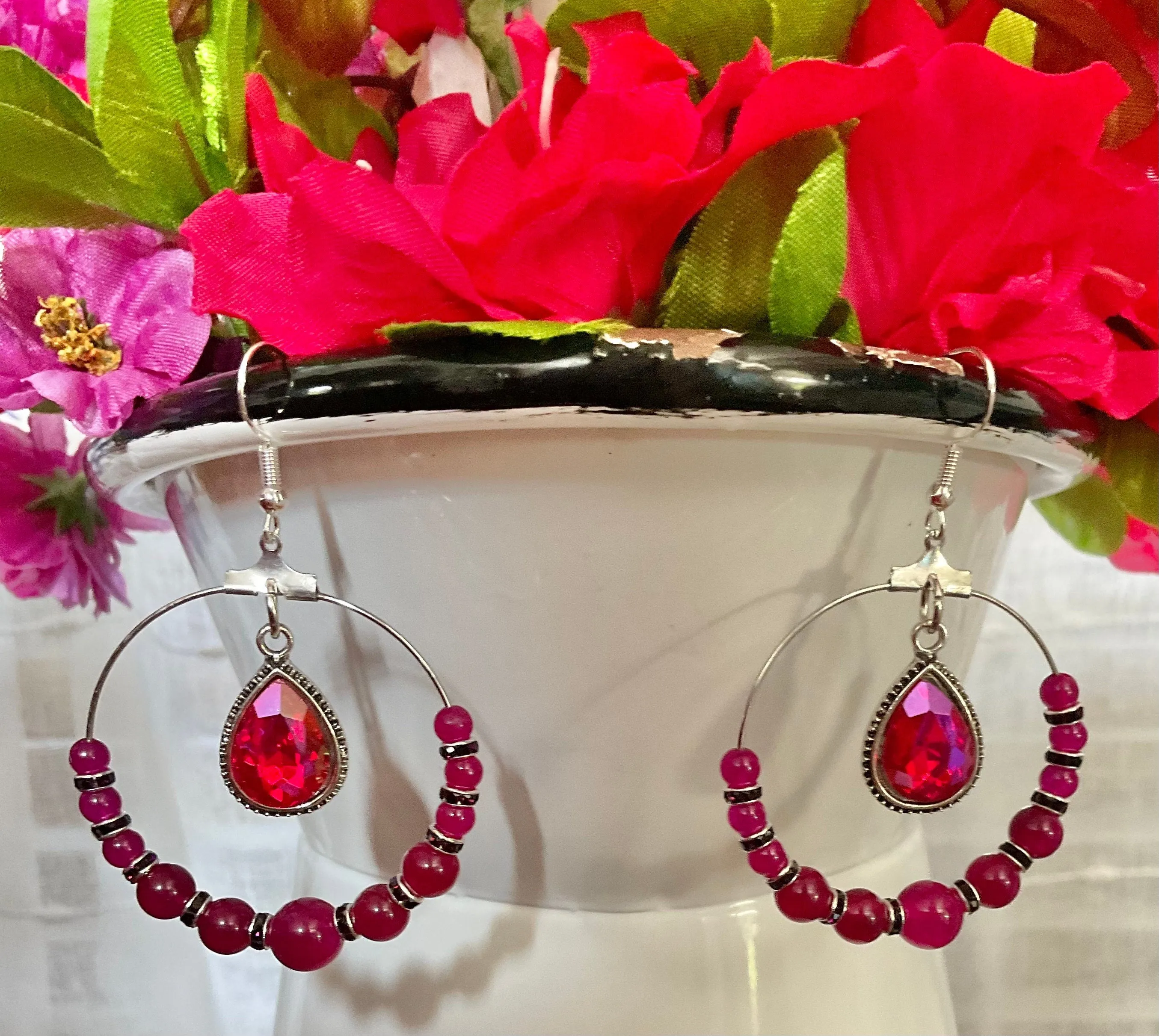 Rose Red Earrings |  Round Stones | Deep Purple Rhinestone Spacers | Sparkling Rose Pink Charm | Handmade Jewelry | Gifts for Her | Presents