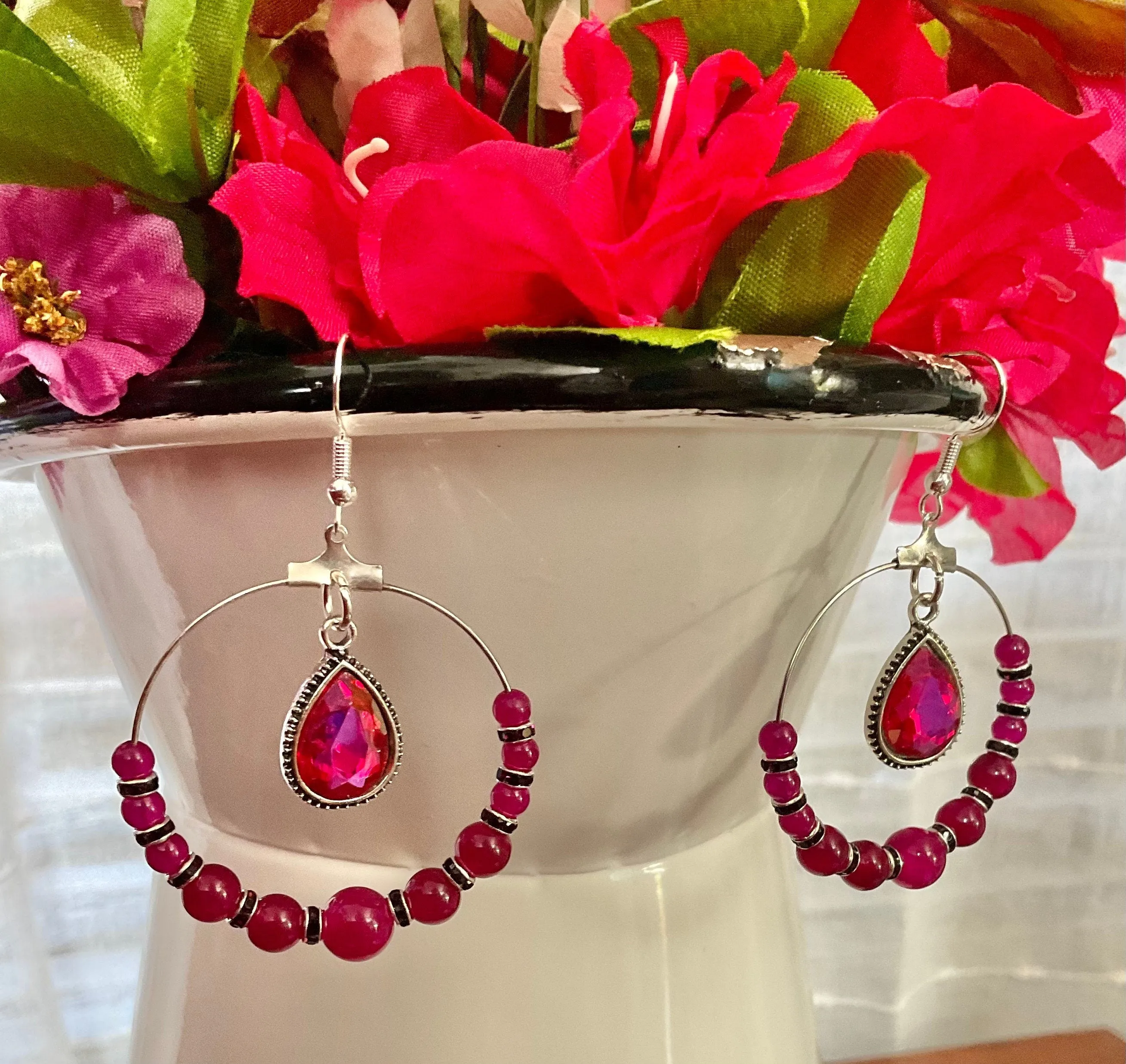 Rose Red Earrings |  Round Stones | Deep Purple Rhinestone Spacers | Sparkling Rose Pink Charm | Handmade Jewelry | Gifts for Her | Presents