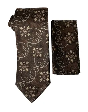 Stacy Adams Floral Scroll Tie and Handkerchief - Brown