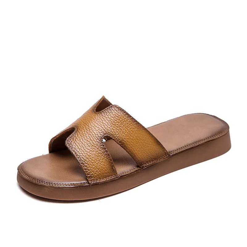 Women Summer Soft Leather Retro Flat Slides