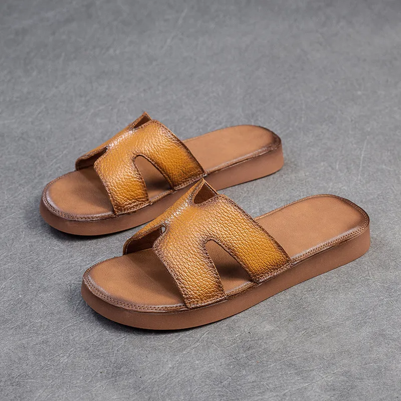 Women Summer Soft Leather Retro Flat Slides