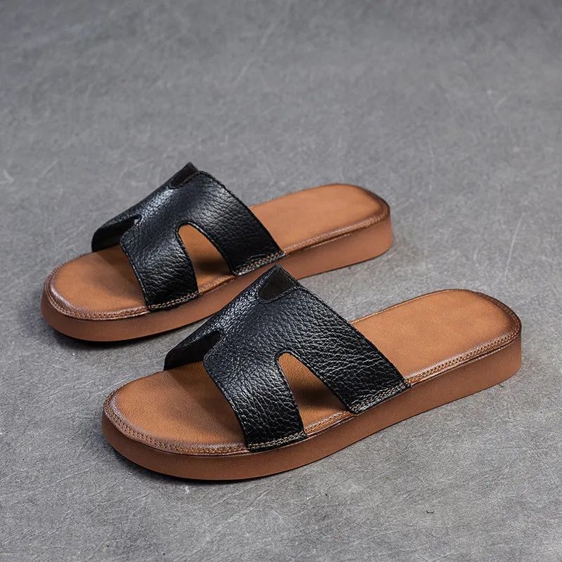 Women Summer Soft Leather Retro Flat Slides