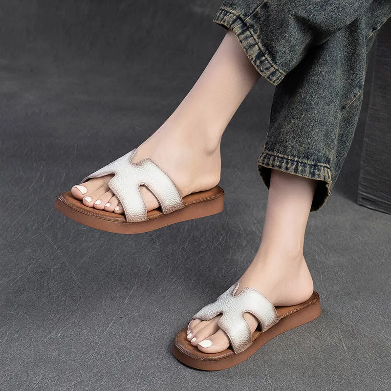 Women Summer Soft Leather Retro Flat Slides