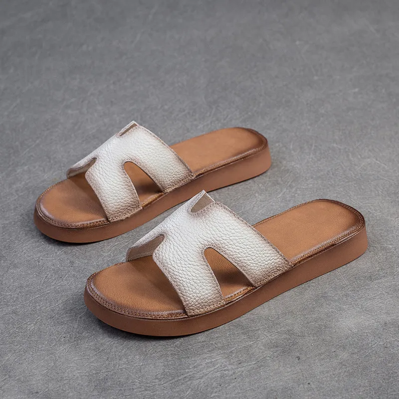 Women Summer Soft Leather Retro Flat Slides