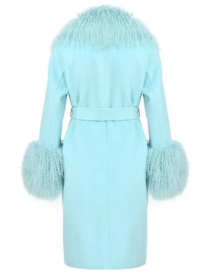 Women’s Belted Lambswool/Shearling Wool Cashmere Coat, Light Aqua Blue/Mint