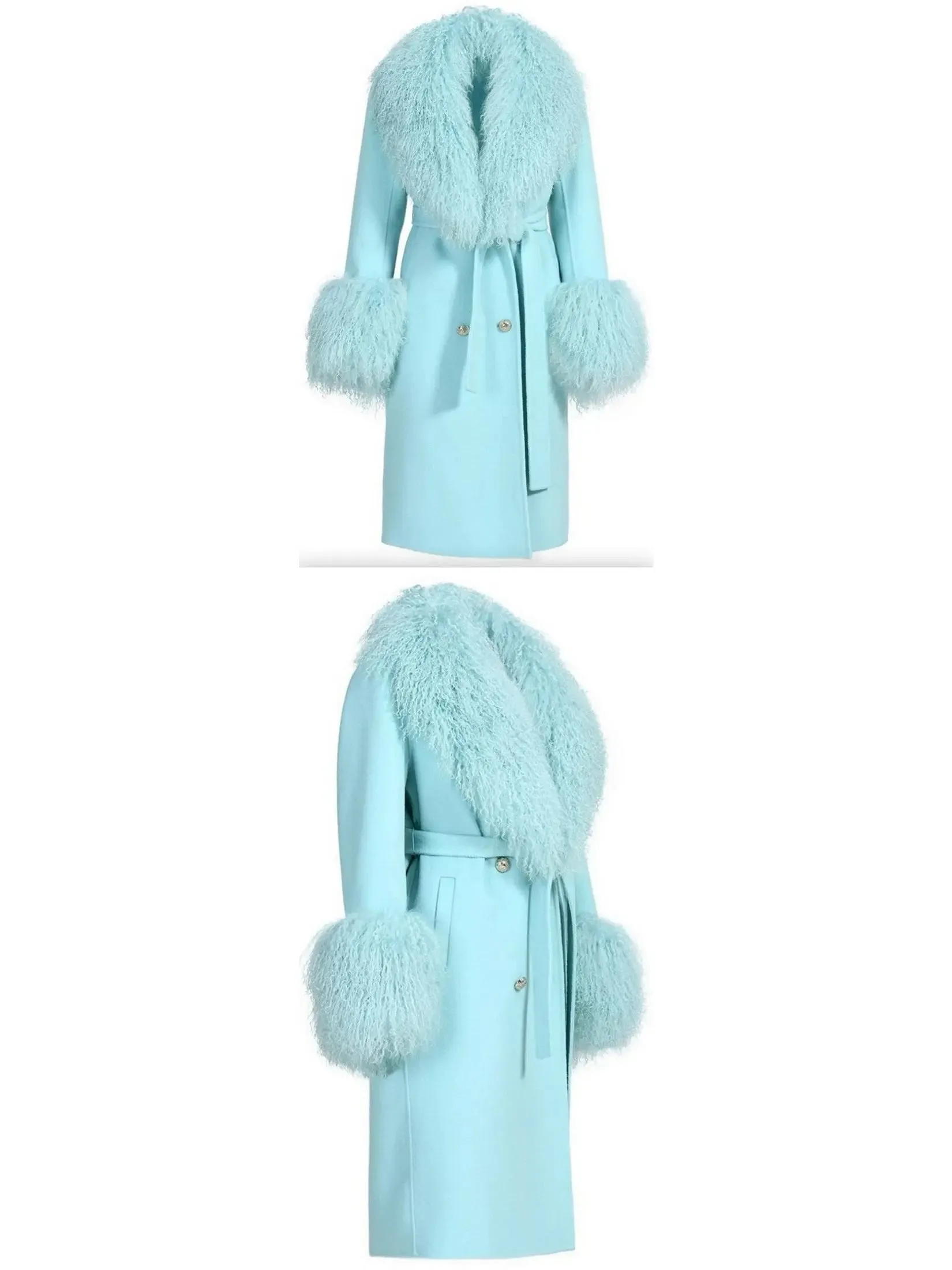 Women’s Belted Lambswool/Shearling Wool Cashmere Coat, Light Aqua Blue/Mint