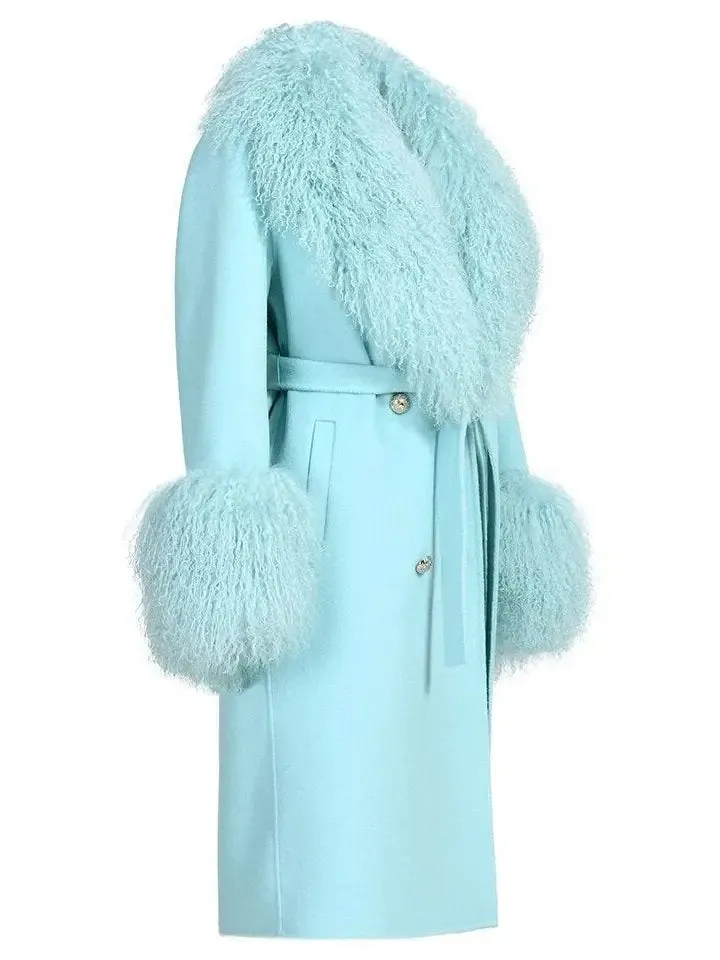 Women’s Belted Lambswool/Shearling Wool Cashmere Coat, Light Aqua Blue/Mint