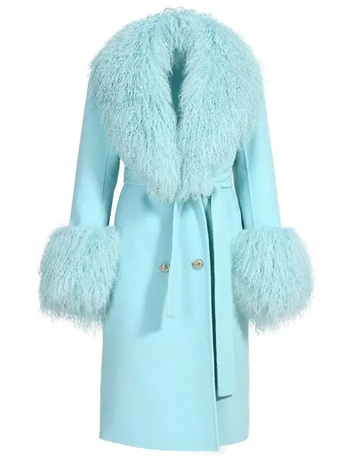 Women’s Belted Lambswool/Shearling Wool Cashmere Coat, Light Aqua Blue/Mint