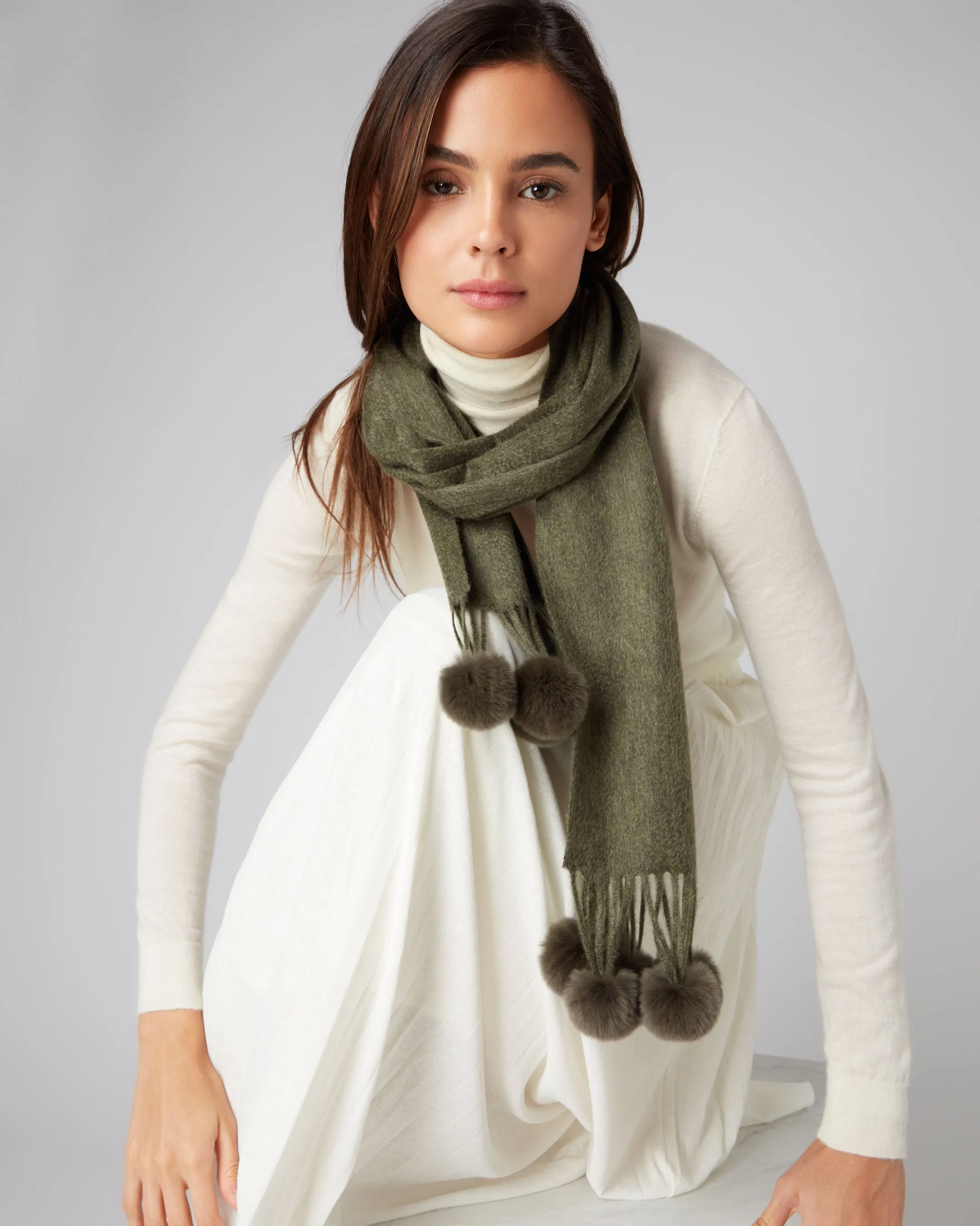 Women's Davos Fur Bobble Cashmere Scarf Moss Green